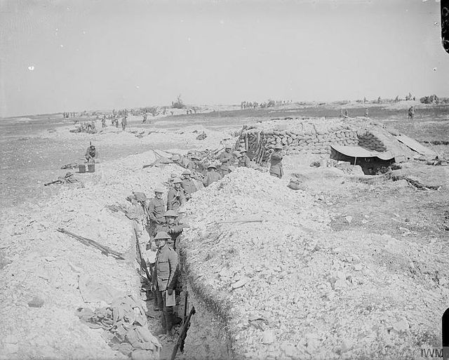 Troops of the 1/5th Battalion, London Regiment (London Rifle Brigade), in a reserve trench in Chimpanzee Valley between Hardecourt and Guillemont, 6 S