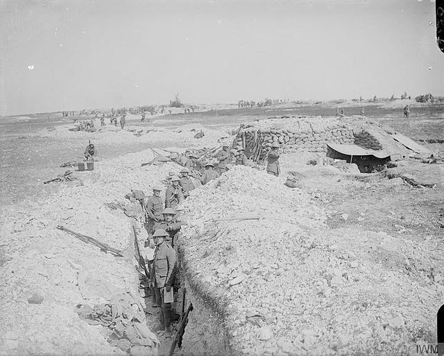 Troops of the 1/5th Battalion (London Rifle Brigade), London Regiment, in a reserve trench in Chimpanzee Valley between Hardecourt and Guillemont, 6 S