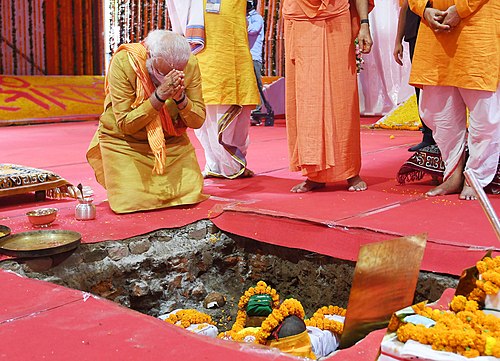 Prime Minister Narendra Modi performing "Bhoomi Pujan" at the foundations of the temple in August 2020