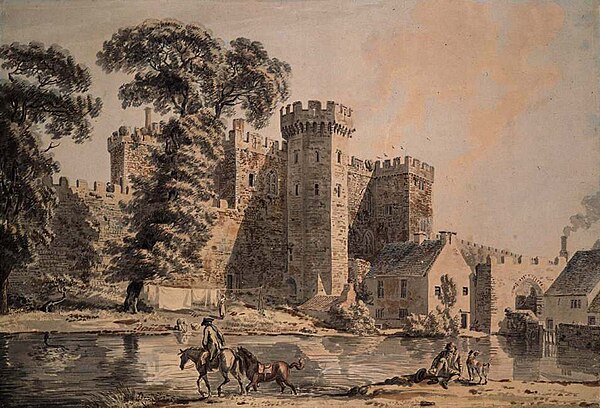 The 15th-century main lodgings and West Gate, shown in a late 18th-century watercolour by Paul Sandby