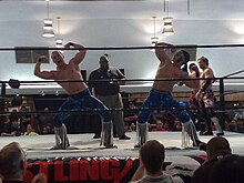 The Young Bucks posing before a Pro Wrestling Guerrilla match in 2009 The Young Bucks pose.jpg