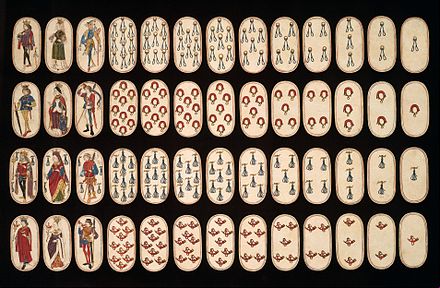 The oldest full deck of playing cards known, the Flemish Hunting Deck, c. 1475–1480, paper with pen, ink, opaque paint, glazes, applied silver and gold, in the Metropolitan Museum of Art from New York City