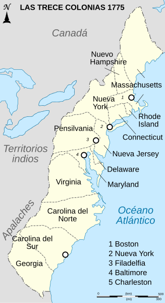 File:Thirteen Colonies 1775 map-es.svg