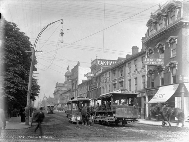 Horse-drawn Toronto Street Railway streetcars, 1890. By 1894, horse-drawn streetcars were replaced by electric streetcars.