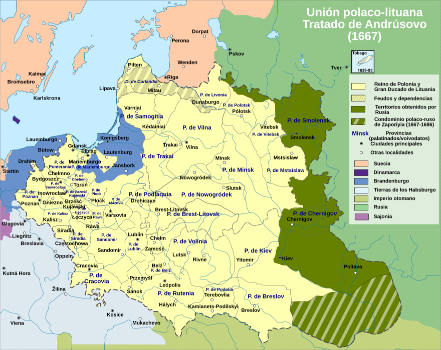 Pérdidas territoriales polaco-lituanas en el Tratado de Andrúsovo de 1667, que puso fin al conflicto con Rusia aunque no a la violencia en los territorios rutenos. El tratado dividió en dos el Hetmanato cosaco.