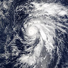 Satellite image of Typhoon Ele just west of the International Date Line on August 30 Typhoon ele 2002 august 30.jpg