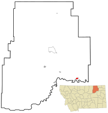 Valley County Montana Sisällytetyt ja rekisteröimättömät alueet Frazer Highlighted.svg