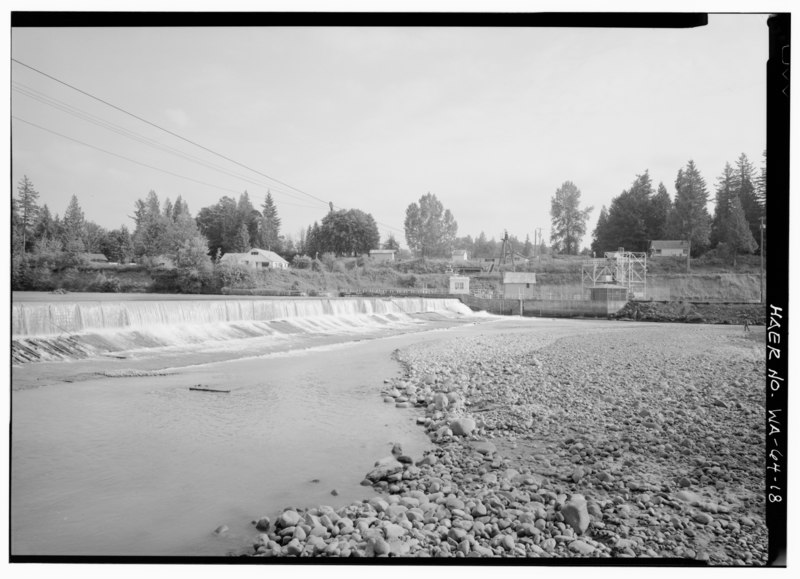 File:View, looking south, of low crib dam and headworks from north side of White River. Photo by Jet Lowe, HAER, 1989. - Puget Sound Power and Light Company, White River HAER WASH,27-DIER,1-18.tif