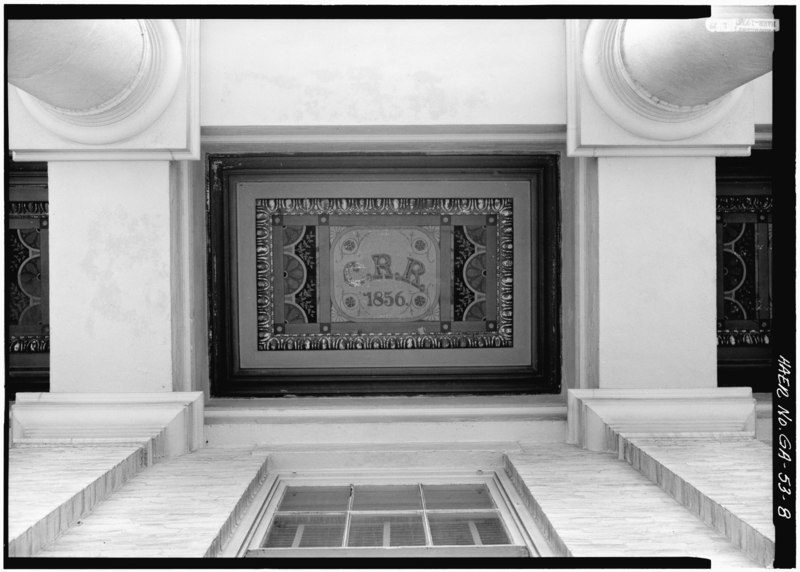 File:View looking straight-up at celing in center of entrance portico showing stenciled and painted panel saying "C.R.R. 1856." - Central of Georgia Railway, Gray Building, 227 West HAER GA,26-SAV,57A-8.tif