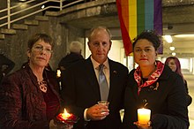 Wall attending a vigil in support of the victims of the Orlando nightclub shooting, Wellington, 2016 Vigil for Orlando victims, Wellington, June 13, 2016 (27030300704).jpg
