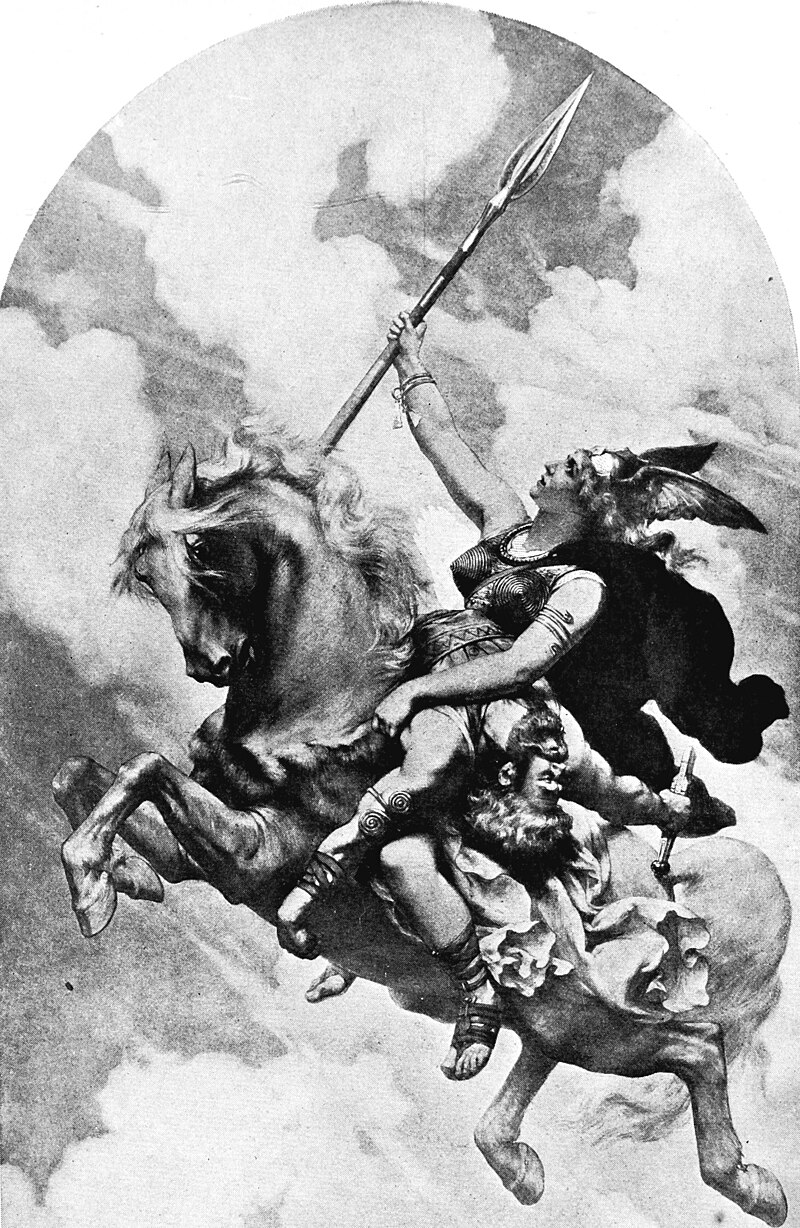 Wagner - Die Walküre - Brünnhilde bearing a wounded warrier to Walhalla - Painted by Delitz - The Victrola book of the opera.jpg