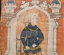 King Edward III seated on his throne, as illustrated in the 14th century Waterford Charter Roll. Waterford Charter Roll - Edward III on throne.jpg