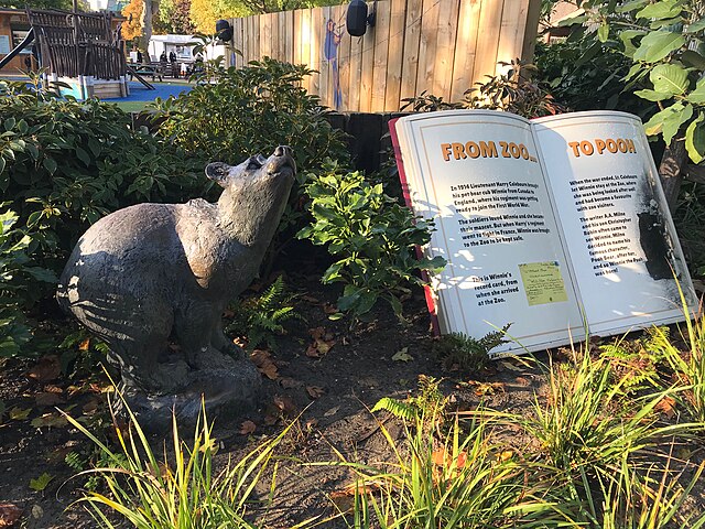 Sculpture at London Zoo where A. A. Milne took his son Christopher Robin to see the amiable bear that inspired Milne to write the story.