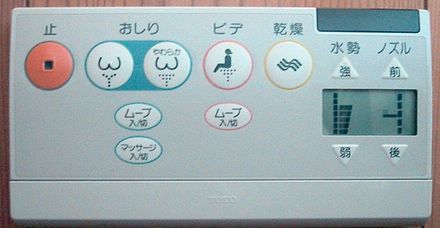 A typical washlet control panel. The five large controls are "stop", "buttocks" (normal and soft), "bidet", and "dry". The buttons below control the "move" and "massage" features, while to the right are "water force" (strong or weak) and "nozzle position" (forwards or back).