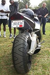 Rear view showing the wide rear tire and large bore exhaust (lower right) Y2K Turbine Jet bike.jpg