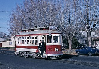 One of the Yakima Electric Railway Museum's trolleys in service in 1989 Yakima trolley car 1976 on 6th Ave in 1989 - cropped.jpg