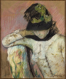 Mary Cassatt, Young Woman in a Black and Green Bonnet, 1890, pastel on tan wove paper[63]