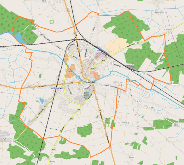 Mapa konturowa Łukowa, blisko centrum na lewo znajduje się punkt z opisem „ulica Warszawska”