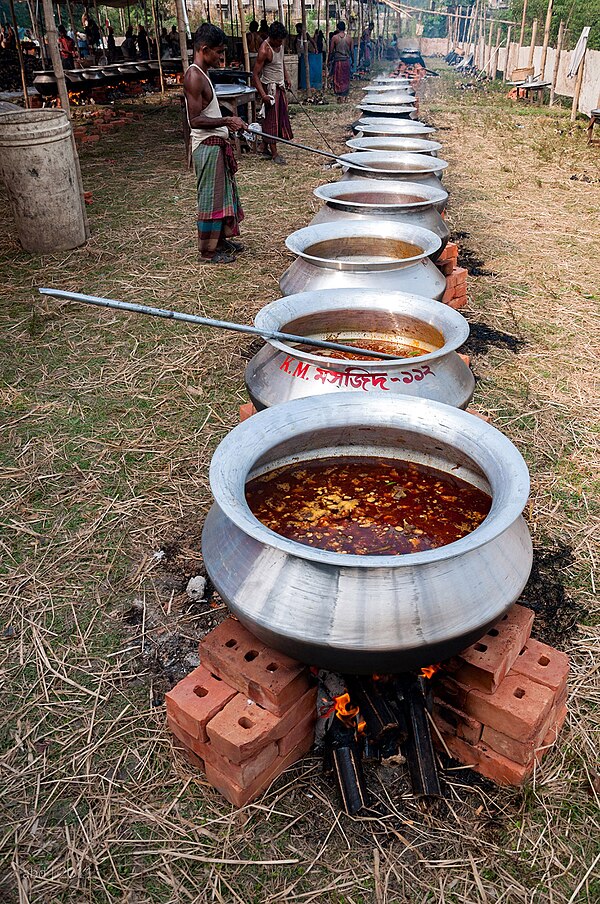 Traditional Mezban cooking is a tradition of cooking and serving halal food to people on special occasions in Bangladesh