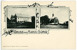 Kostel Nanebevzetí Panny Marie (vpravo) na pohlednici z roku 1901