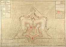 Plan of the fort in 1725; the Tudor blockhouse is still in place, bottom centre. 1725 Tilbury Fort.jpg