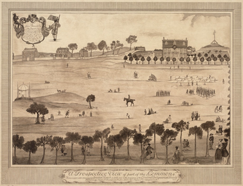 View of Hancock's house from across the Common, 1768 1768 BostonCommon byChristianRemick.png
