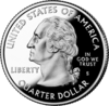 Shiny silver coin with profile of Washington bust. He faces left regally and wears a colonial-style queue in his hair. "UNITED STATES OF AMERICA" is at top, "QUARTER DOLLAR" at bottom, "LIBERTY" at left, and "IN GOD WE TRUST" above "S" at right. Just below the bust is "JF uc" in tiny letters.