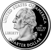 Shiny silver coin with profile of Washington bust. He faces left regally and wears a colonial-style queue in his hair. "UNITED STATES OF AMERICA" is at top, "QUARTER DOLLAR" at bottom, "LIBERTY" at left, and "IN GOD WE TRUST" above "S" at right. Just below the bust is "JF uc" in tiny letters.