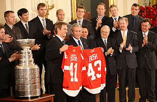 In the front row, Nicklas Lidstrom holds a Red Wings jersey with the last name "BUSH" and the number "41" while George W. Bush holds a Red Wings jersey with the last name "BUSH" and the number "43". To Lidstrom's right is the Stanley Cup. Second row, left to right: Mike Babcock, Ken Holland, Jim Devellano, Jim Nill, unknown man.  Third row, left to right: Kris Draper, Pavel Datsyuk, Mikael Samuelsson, Brian Rafalski, Derek Meech, Kirk Maltby, Chris Osgood, Aaron Downey.