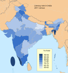 Literacy rate map of India, 2011. 2011 Census India literacy distribution map by states and union territories.svg