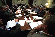 Daniels with President George W. Bush and other advisers in the Roosevelt Room in 2001 911- President George W. Bush with Insurance Representatives, 09-17-2001 (6124778524).jpg