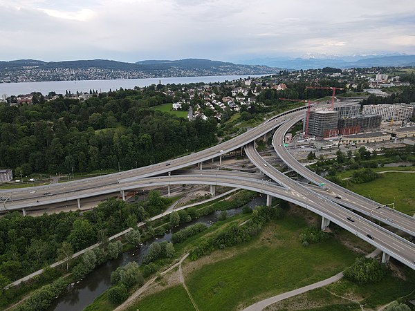 The A3 motorway seen at the junction with the Uetliberg Tunnel, in Wollishofen, Zürich.