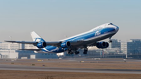 English: ABC (AirBridgeCargo Airlines) Boeing 747-8HVF/SCD (reg. VQ-BRH, msn 37669/1463) at Munich Airport (IATA: MUC; ICAO: EDDM) departing 08R. Deutsch: ABC (AirBridgeCargo Airlines) Boeing 747-8HVF/SCD (Reg. VQ-BRH, msn 37669/1463) auf dem Flughafen München (IATA: MUC; ICAO: EDDM) beim Start auf 08R.