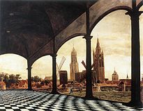 Daniël Vosmaer: Gezicht op Delft met een fantasieloggia, 1663, waarin het perspectief nog niet geheel juist is toegepast.