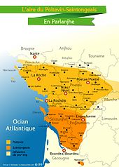 Aire linguistique du poitevin-saintongeais, avec les noms de villes (et autres) en parlanjhe.