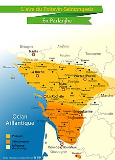 Aire linguistique du Poitevin-Saintongeais, avec les noms de villes (et autres) en parlanjhe.