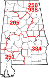 Area codes of Alabama Alabama area codes-938.svg