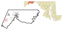 Allegany County Maryland Incorporated and Unclorporated area Lonaconing Highlighted.svg