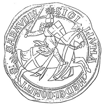 Seal of Amadeus V, Count of Savoy (1249–1323), showing a knight on horseback displaying the Savoy cross on his shield, ailets (shoulder-pads) and capa