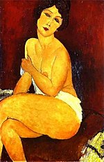 Peinture d'un nu féminin traitée dans les tons chauds, le jaune dominant sur plusieurs parties du corps, sur laquelle pèse un soupçon de falsification
