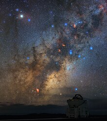 Scorpius and the Milky Way, with M4 and M80 visible near Antares, M6 and M7 just below centre, NGC 6124 at the top of the frame, and NGC 6334 just above centre. Antares overlooking an Auxiliary Telescope.jpg