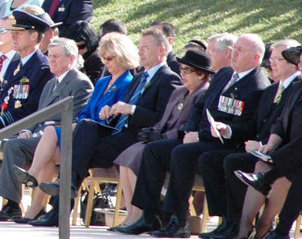 In attendance at the 2008 Anzac Day National Service at the Australian War Memorial in Canberra are Angus Houston, Chief of the Defence Force (Austral