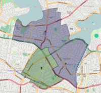 In 2008, the Parish of Ashfield (green), was amalgamated with that of Five Dock and Haberfield (blue), to form Christ Church Inner West. Ashfield parish map.svg