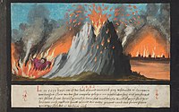 Folio 85. Erupción del Monte Vesubio (1482) *etiquetado como tal en el manuscrito, la erupción en realidad tuvo lugar en el año 79 d.C.