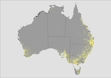 A population density map of Australia. Most of the continent is very sparsely populated, but only a few areas are truly deserted. Australian population density 2016.png