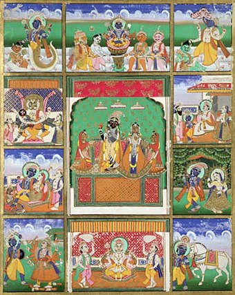 Ten incarnations of Vishnu (Matsya, Kurma, Varaha, Vamana, Krishna, Kalki, Buddha, Parshurama, Rama & Narasimha). Painting from Jaipur, now at the Victoria and Albert Museum