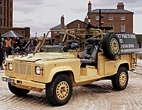 A static British Army WMIK on display. BRITISH ARMY MOD SPEC LAND ROVER PATROL VECHICLE ALBERT DOCK LIVERPOOL MAY 2013 (8817705446).jpg