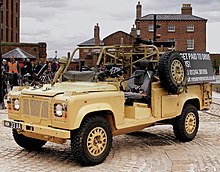 A static British Army WMIK on display. BRITISH ARMY MOD SPEC LAND ROVER PATROL VECHICLE ALBERT DOCK LIVERPOOL MAY 2013 (8817705446).jpg