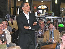 Barack Obama campaigning at the Onawa Public Library, March 2007 Barack Obama in Onawa.jpg