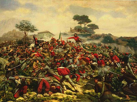 Giuseppe Garibaldi's redshirts during the Battle of Calatafimi, part of the Italian Unification